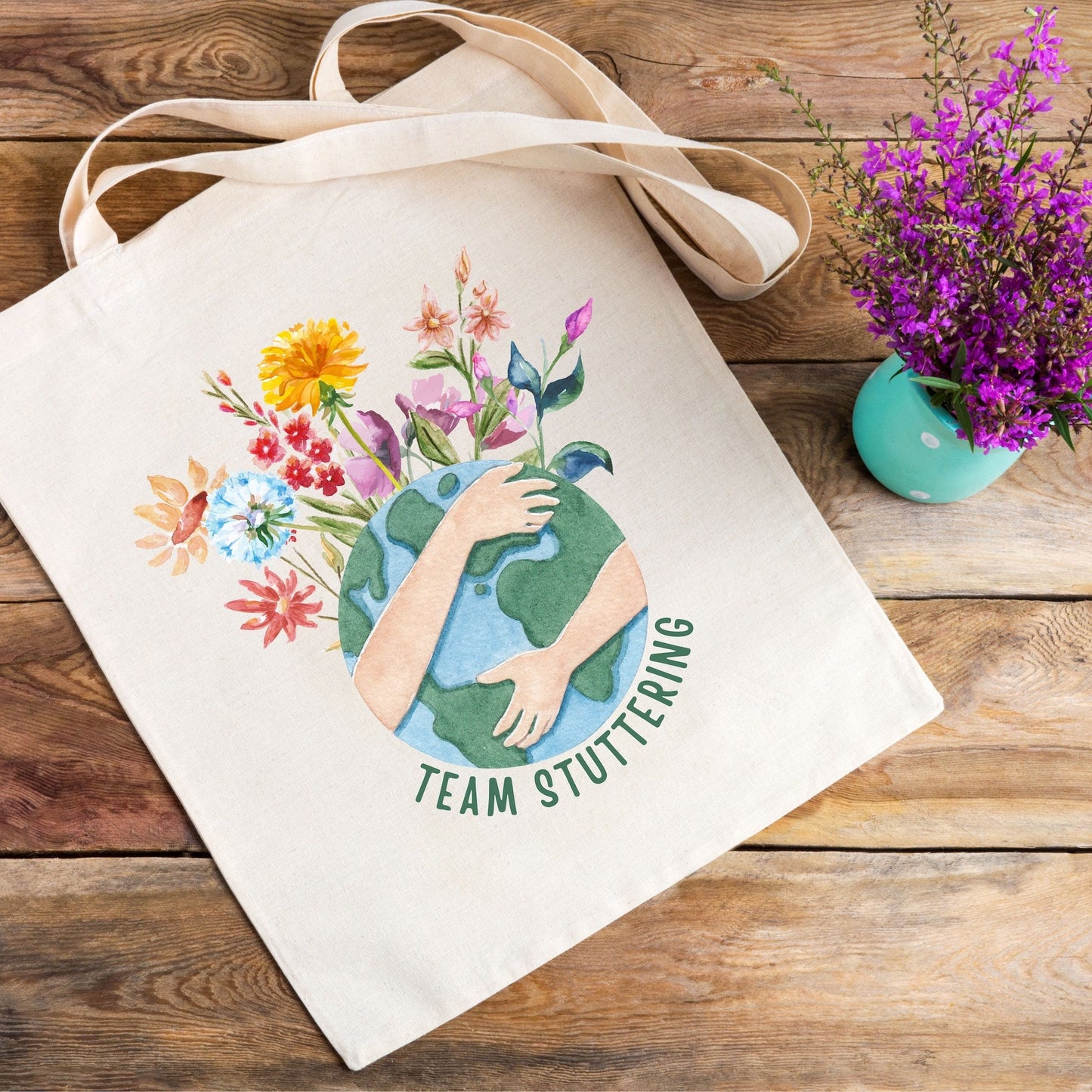 Earth Flowers Hug Team Stuttering Canvas Tote Bag