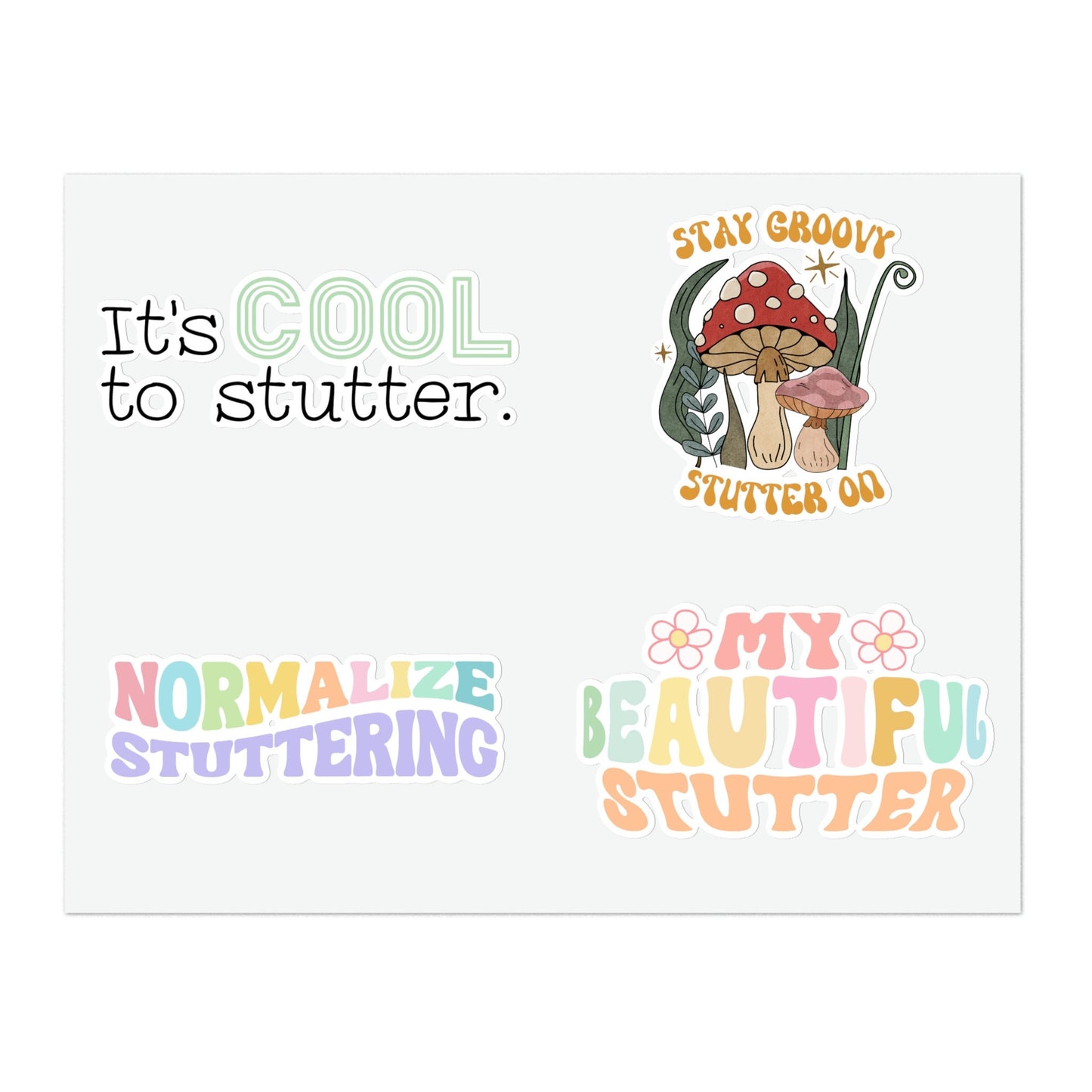 Four Stuttering Stickers Sticker Sheet, 4 x 6" or 8.5 x 11"