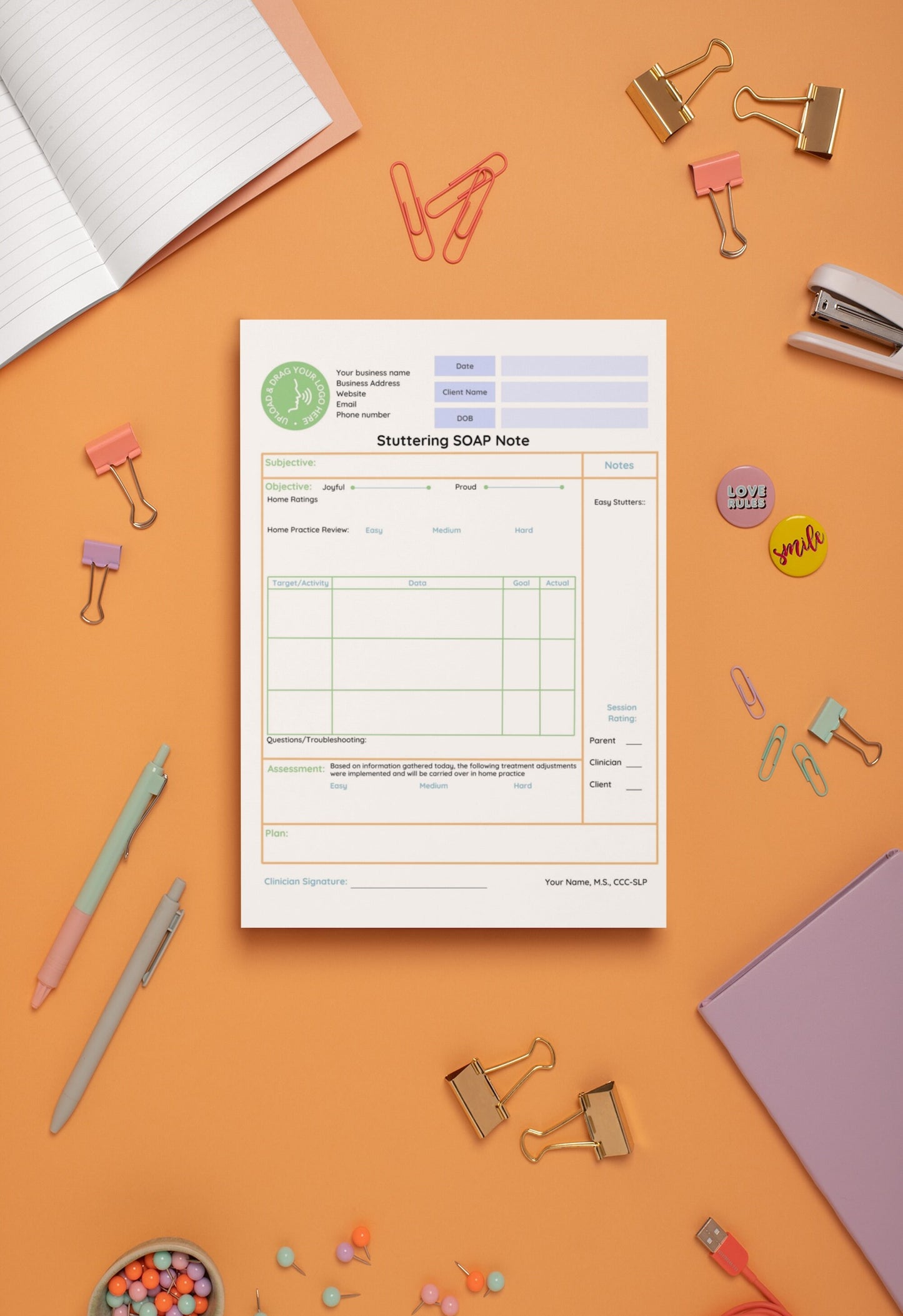 Editable Digital Stuttering SOAP Note Template - SLP Stuttering Therapy