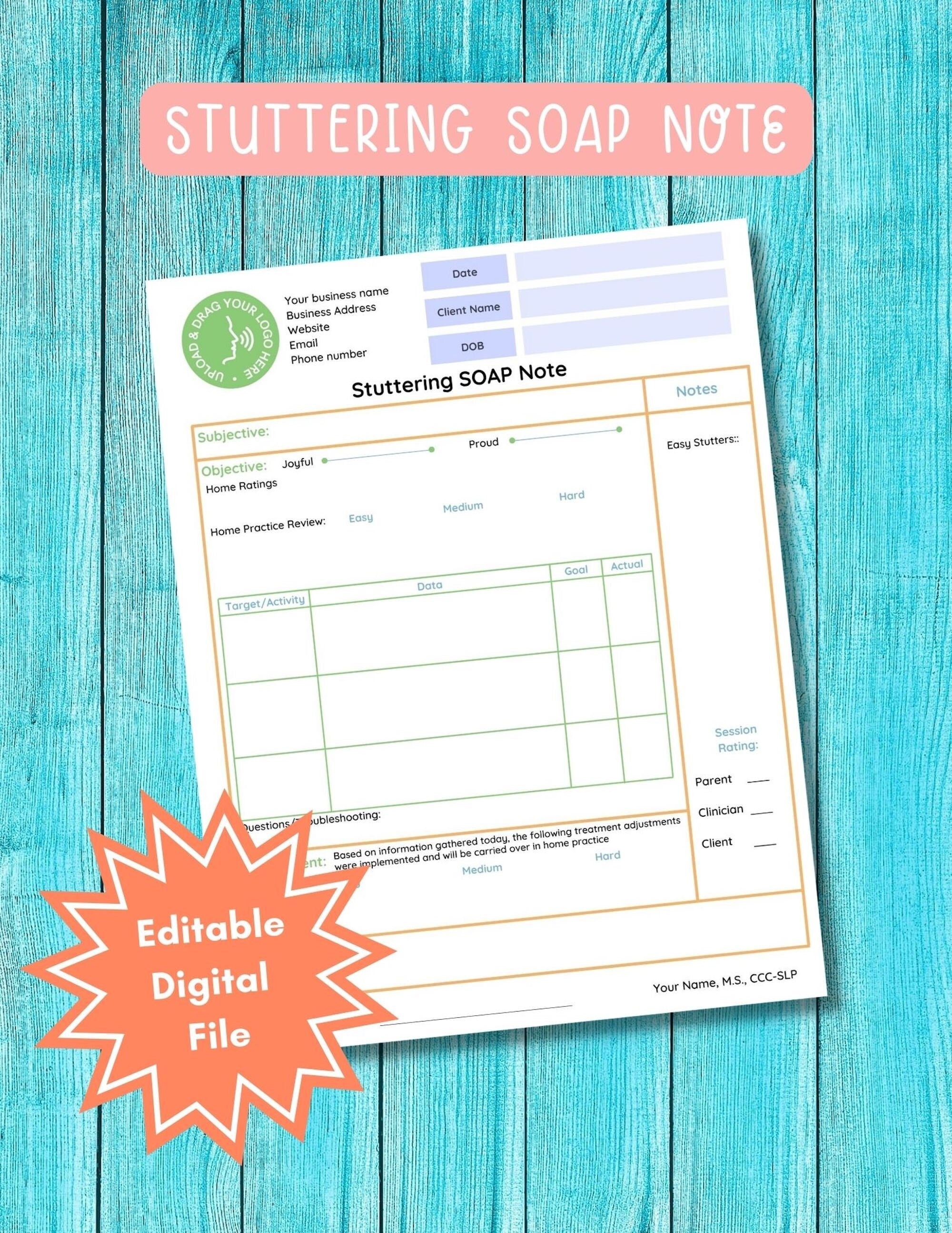 Editable Digital Stuttering SOAP Note Template - SLP Stuttering Therap ...