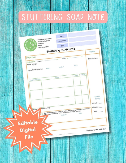 Editable Digital Stuttering SOAP Note Template - SLP Stuttering Therapy