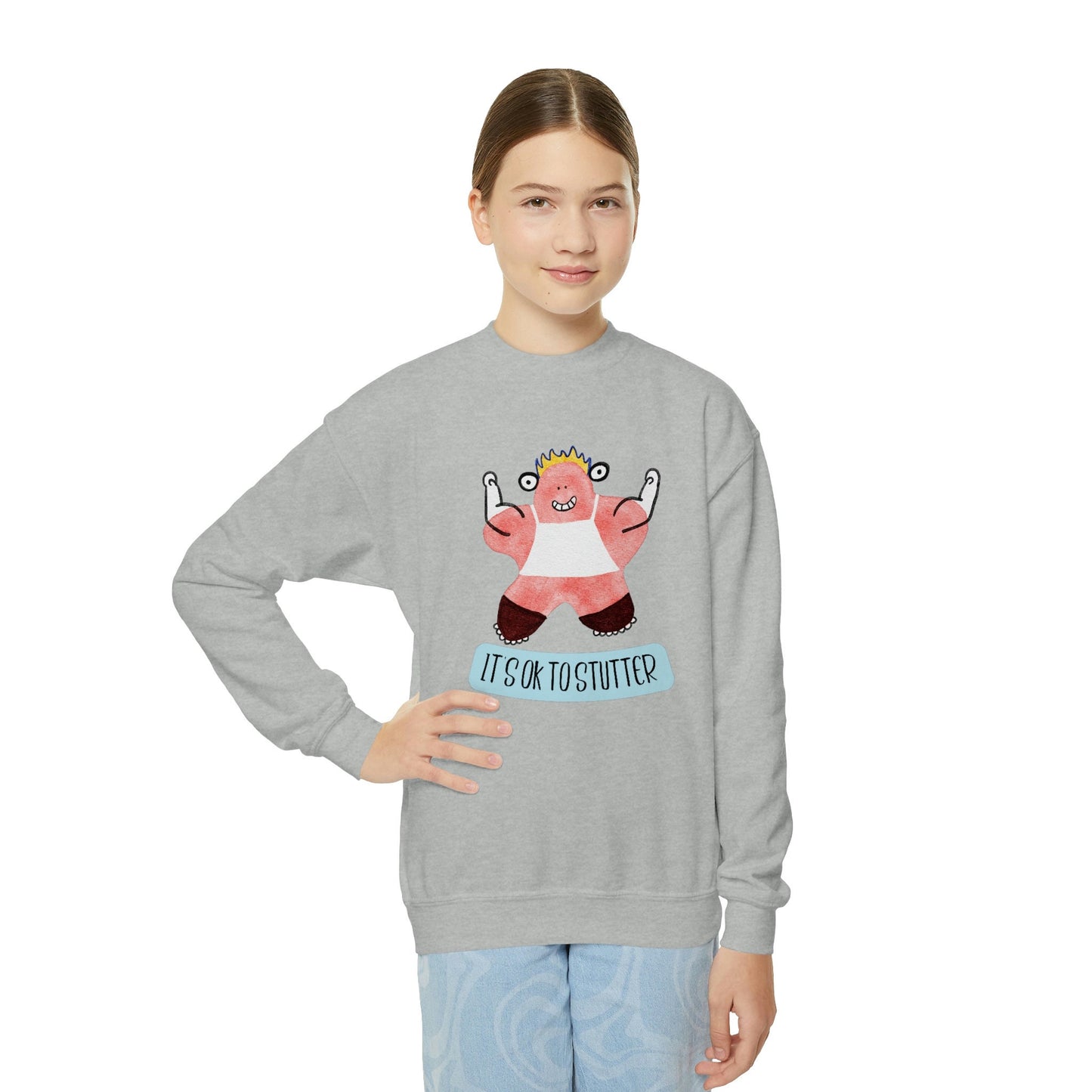 It's OK to Stutter Hand Drawn Monster Crewneck Youth Sweatshirt