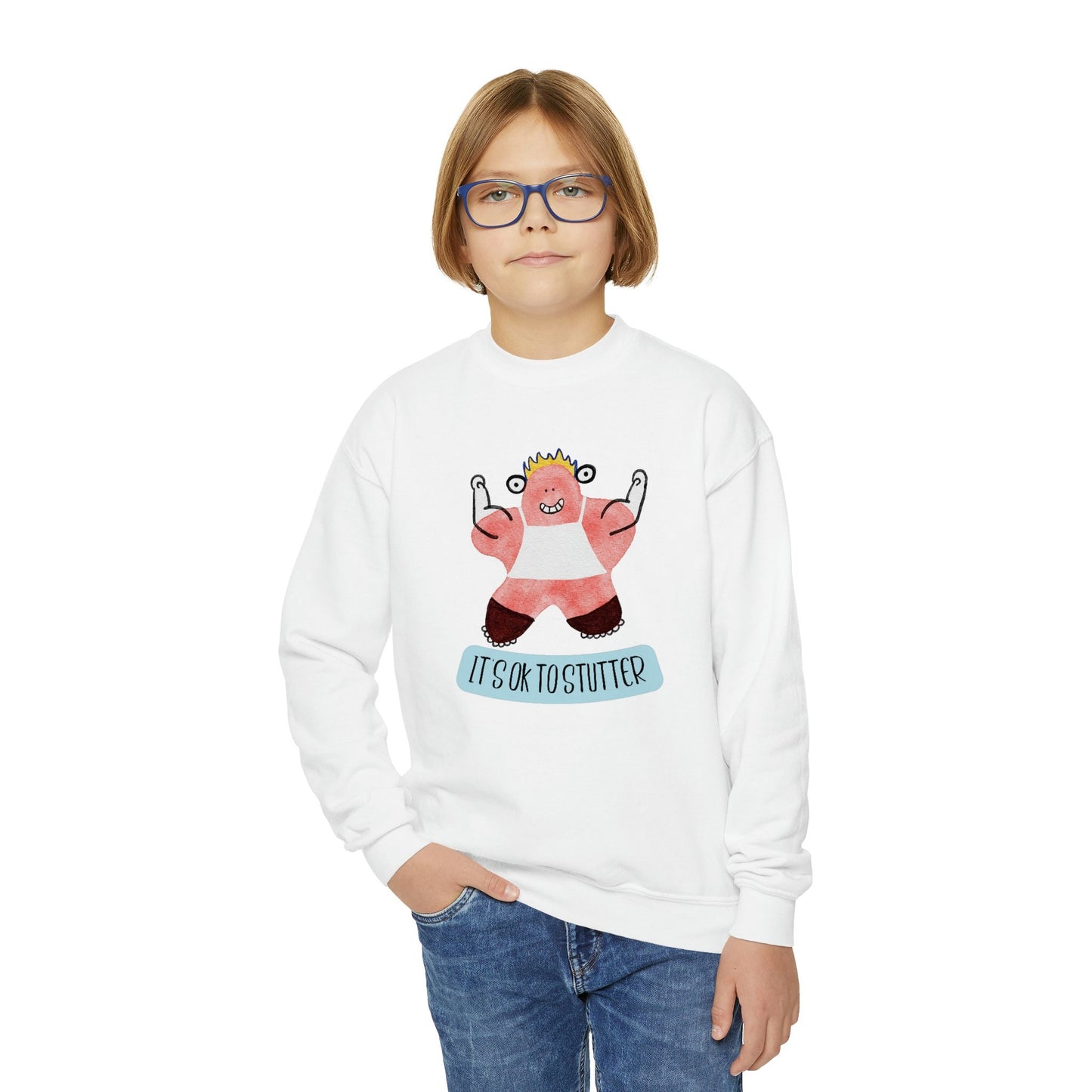 It's OK to Stutter Hand Drawn Monster Crewneck Youth Sweatshirt