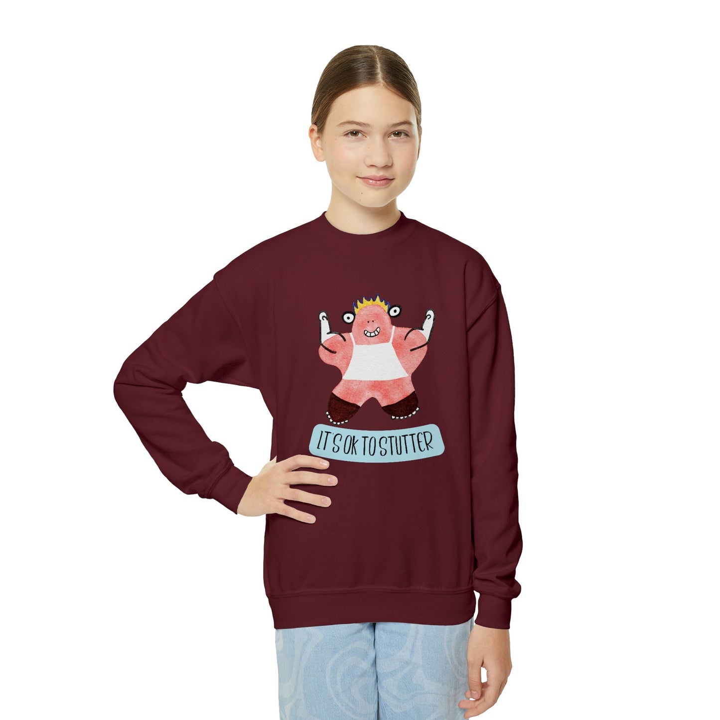 It's OK to Stutter Hand Drawn Monster Crewneck Youth Sweatshirt