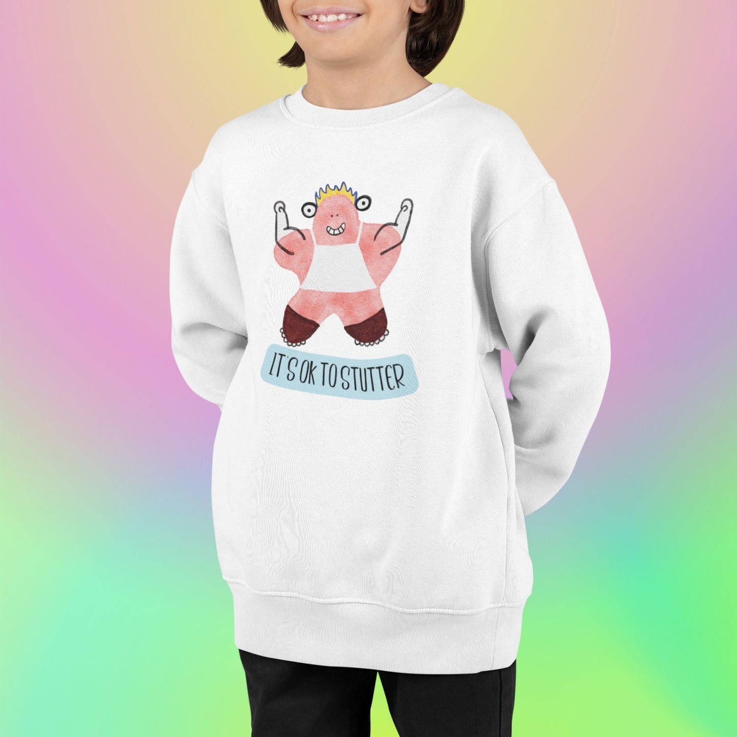 It's OK to Stutter Hand Drawn Monster Crewneck Youth Sweatshirt